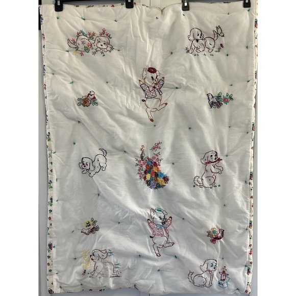 Vintage hand embroidered baby quilt with birds and animals32